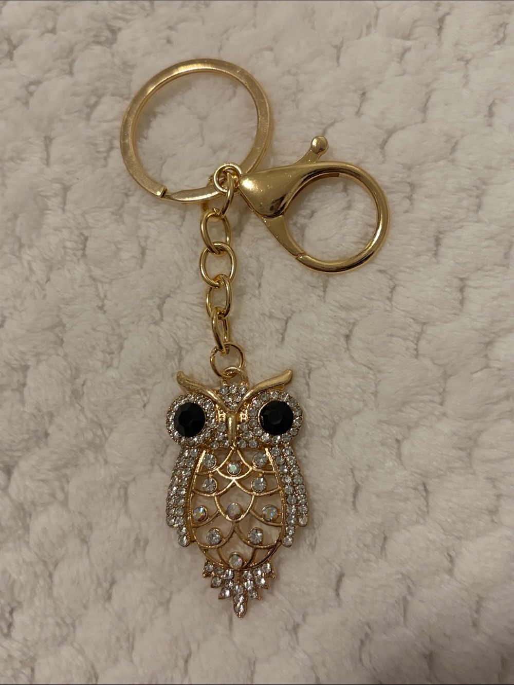 Gold Owl Keychain Pendant with Black Crystal Eyes